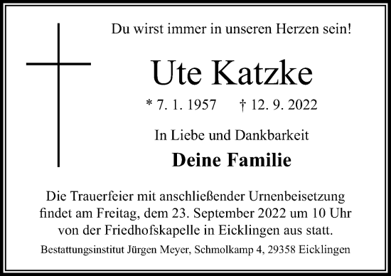 Traueranzeige von Ute Katzke von Cellesche Zeitung