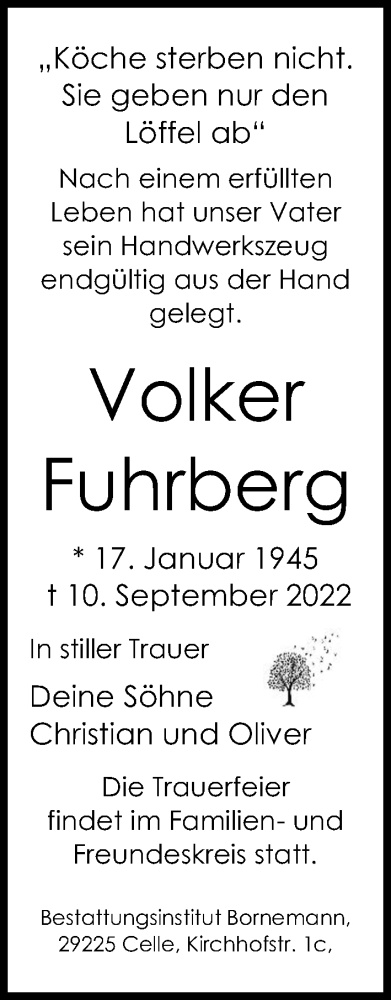 Traueranzeige von Volker Fuhrberg von Cellesche Zeitung