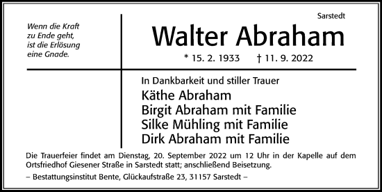 Traueranzeige von Walter Abraham von Cellesche Zeitung