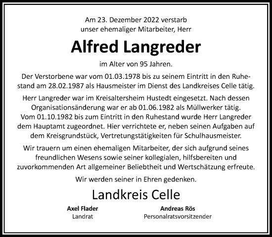Traueranzeige von Alfred Langreder von Cellesche Zeitung