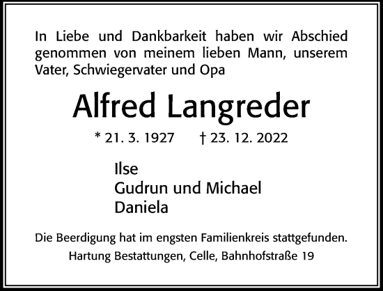 Traueranzeige von Alfred Langreder von Cellesche Zeitung