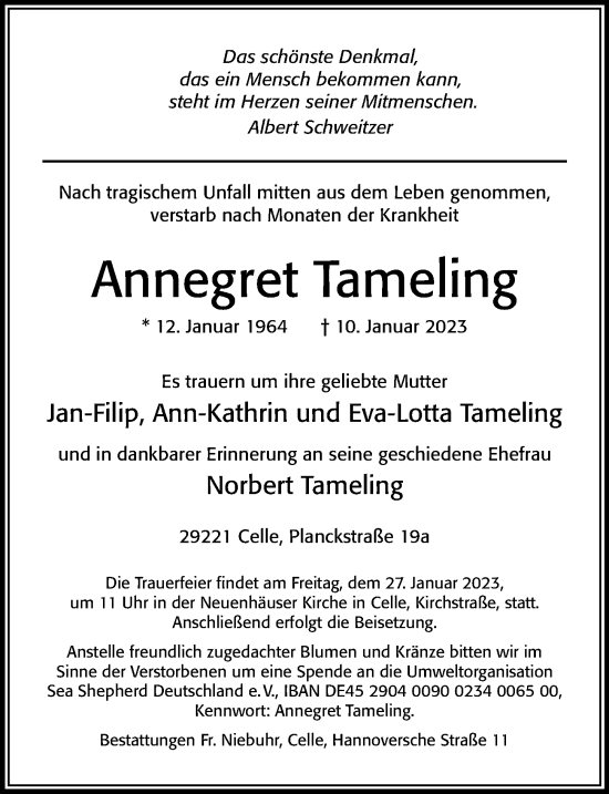 Traueranzeige von Annegret Tameling von Cellesche Zeitung