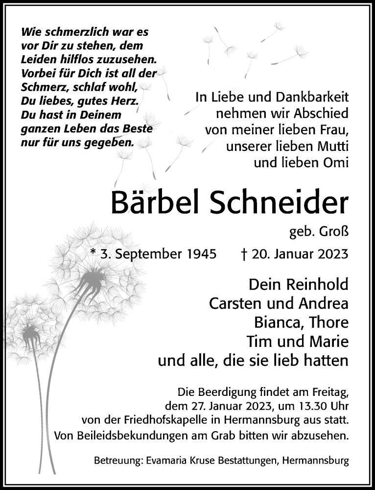  Traueranzeige für Bärbel Schneider vom 24.01.2023 aus Cellesche Zeitung