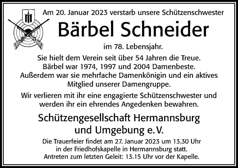  Traueranzeige für Bärbel Schneider vom 25.01.2023 aus Cellesche Zeitung