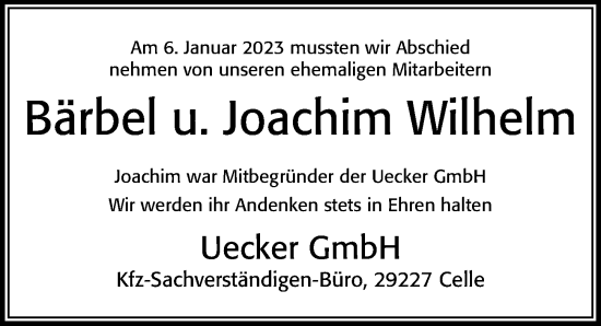 Traueranzeige von Bärbel u. Joachim Wilhelm von Cellesche Zeitung