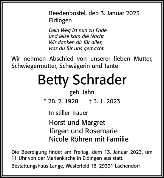 Traueranzeige von Betty Schrader von Cellesche Zeitung