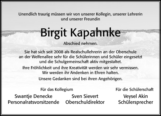 Traueranzeige von Birgit Kapahnke von Cellesche Zeitung
