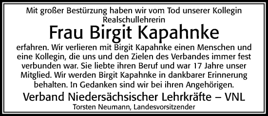 Traueranzeige von Birgit Kapahnke von Cellesche Zeitung