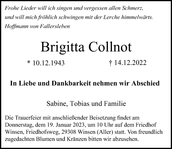 Traueranzeige von Brigitta Collnot von Cellesche Zeitung