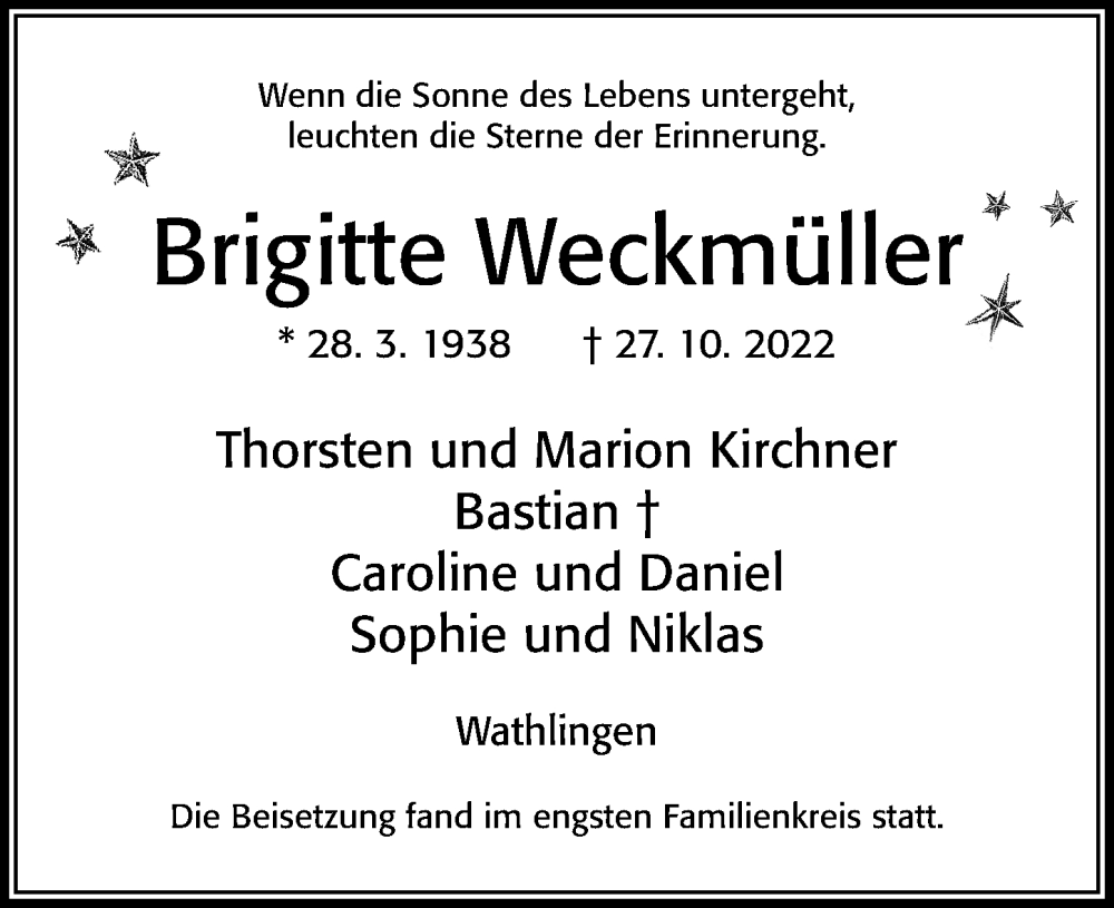  Traueranzeige für Brigitte Weckmüller vom 21.01.2023 aus Cellesche Zeitung