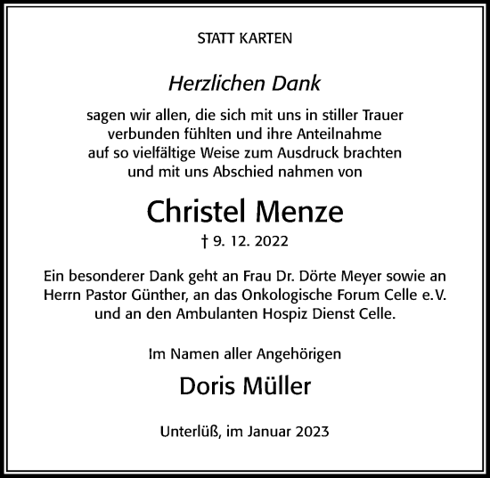 Traueranzeige von Christel Menze von Cellesche Zeitung