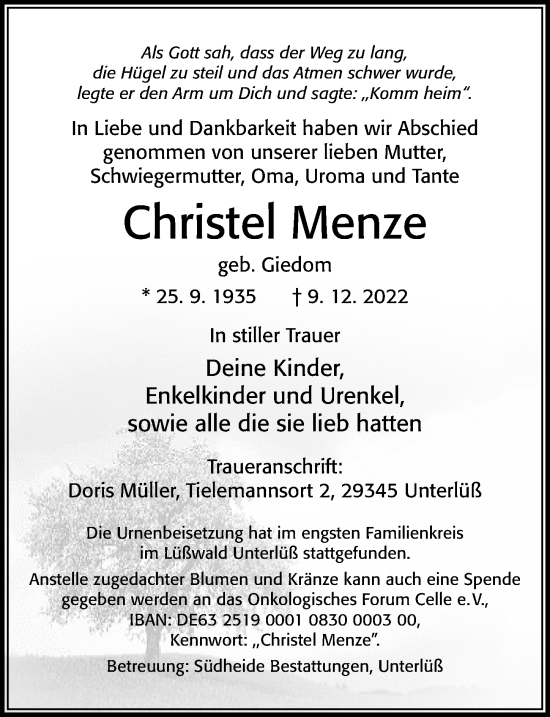 Traueranzeige von Christel Menze von Cellesche Zeitung