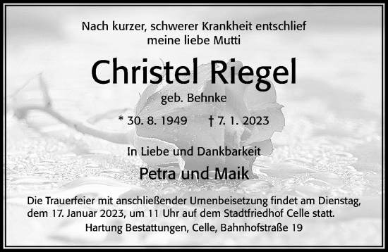 Traueranzeige von Christel Riegel von Cellesche Zeitung