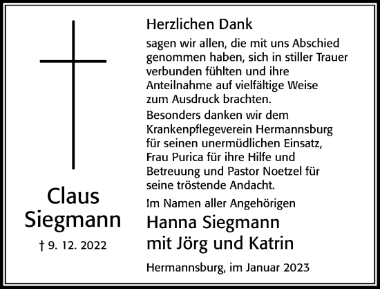 Traueranzeige von Claus Siegmann von Cellesche Zeitung