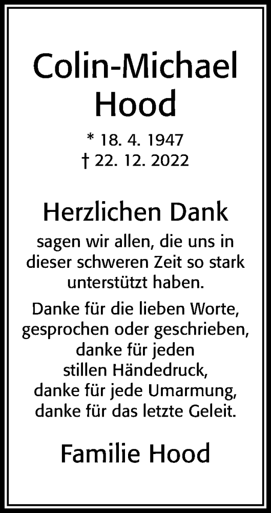 Traueranzeige von Colin-Michael Hood von Cellesche Zeitung
