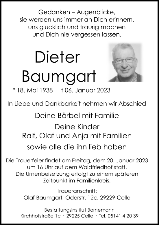Traueranzeige von Dieter Baumgart von Cellesche Zeitung