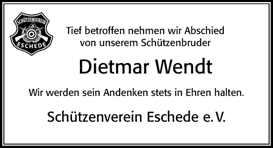 Traueranzeige von Dietmar Wendt von Cellesche Zeitung