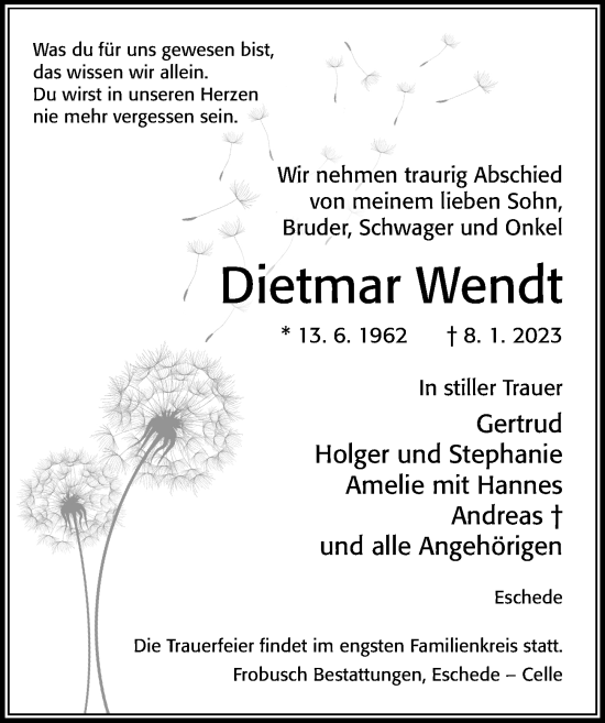 Traueranzeige von Dietmar Wendt von Cellesche Zeitung