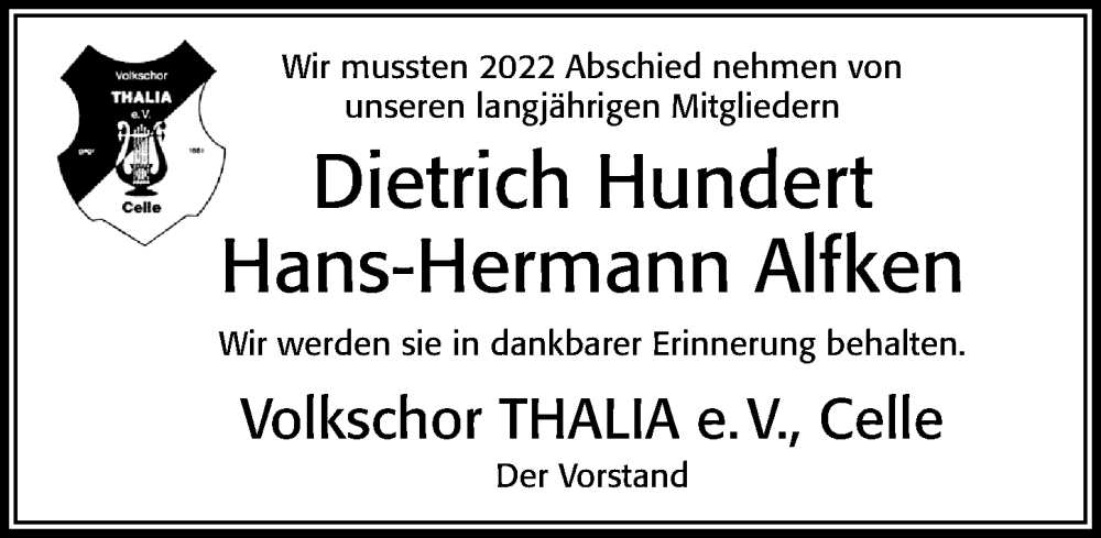  Traueranzeige für Dietrich Hundert vom 21.01.2023 aus Cellesche Zeitung