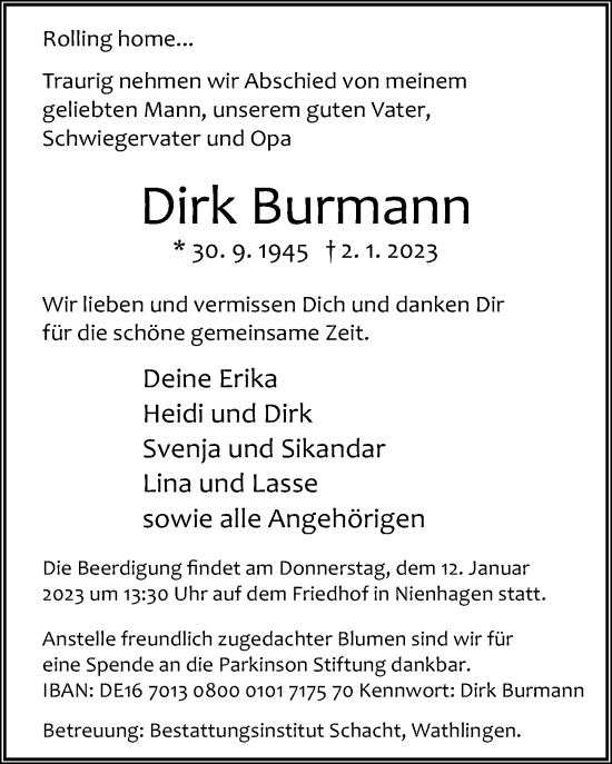 Traueranzeige von Dirk Burmann von Cellesche Zeitung