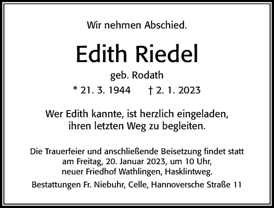 Traueranzeige von Edith Riedel von Cellesche Zeitung