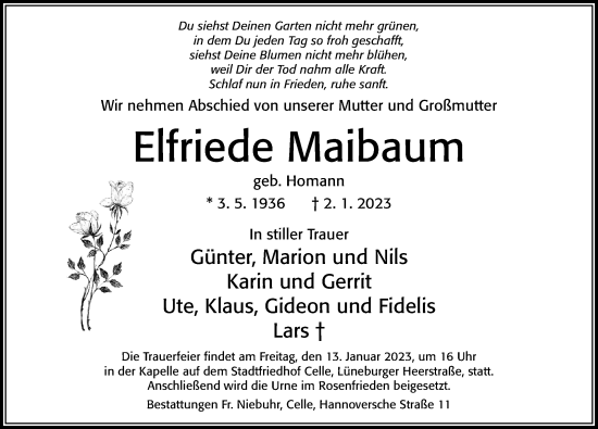 Traueranzeige von Elfriede Maibaum von Cellesche Zeitung