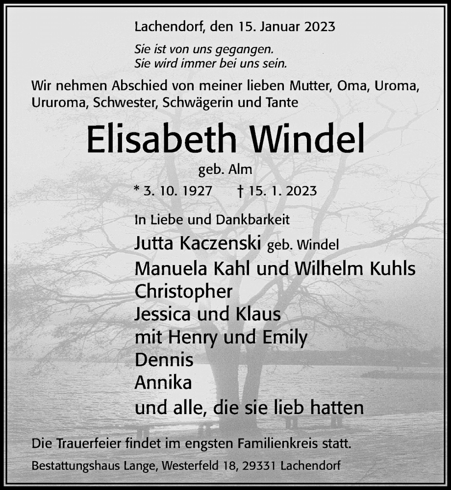  Traueranzeige für Elisabeth Windel vom 21.01.2023 aus Cellesche Zeitung