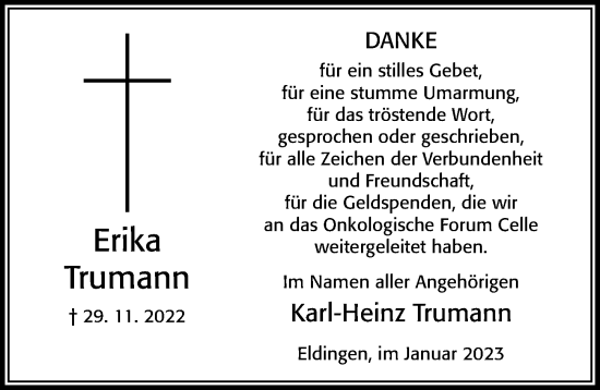 Traueranzeige von Erika Trumann von Cellesche Zeitung