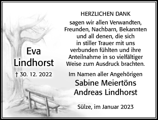 Traueranzeige von Eva Lindhorst von Cellesche Zeitung