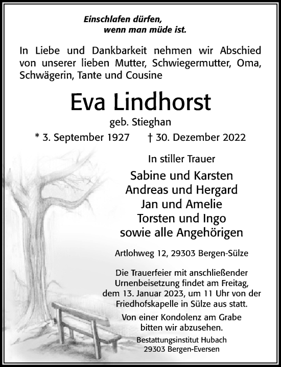 Traueranzeige von Eva Lindhorst von Cellesche Zeitung