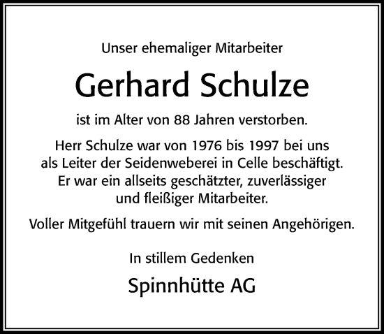 Traueranzeige von Gerhard Schulze von Cellesche Zeitung