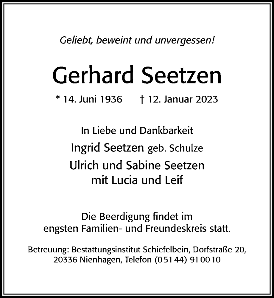  Traueranzeige für Gerhard Seetzen vom 21.01.2023 aus Cellesche Zeitung