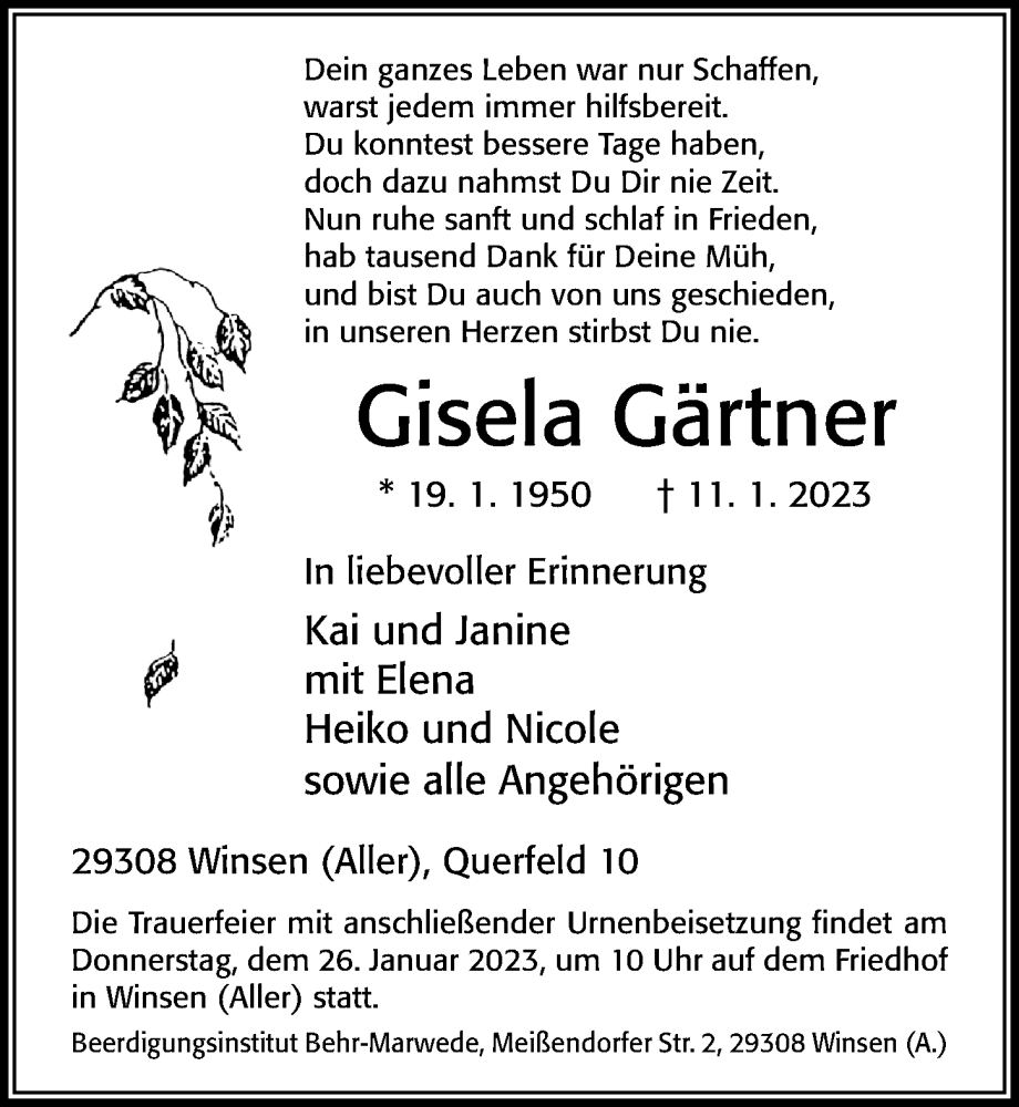  Traueranzeige für Gisela Gärtner vom 21.01.2023 aus Cellesche Zeitung