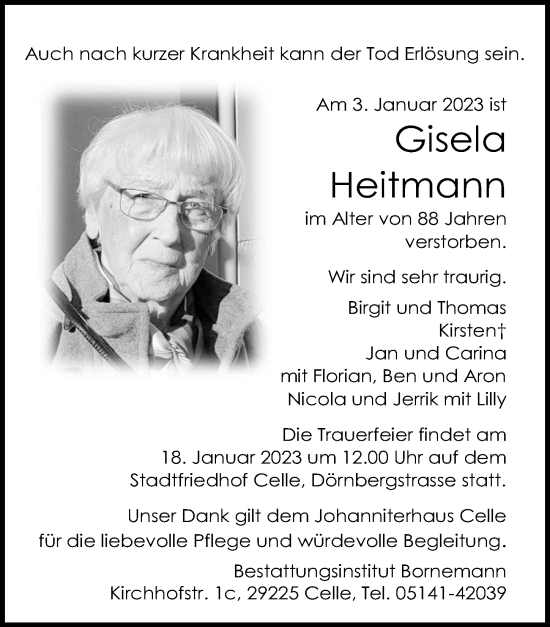 Traueranzeige von Gisela Heitmann von Cellesche Zeitung