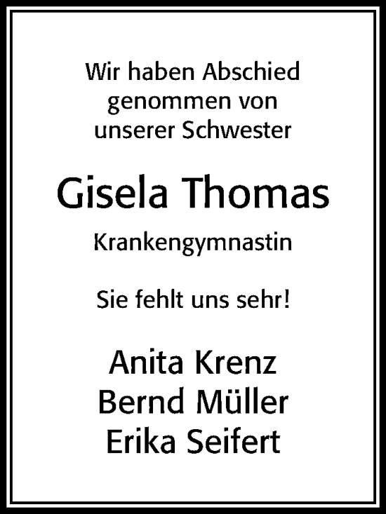 Traueranzeige von Gisela Thomas von Cellesche Zeitung