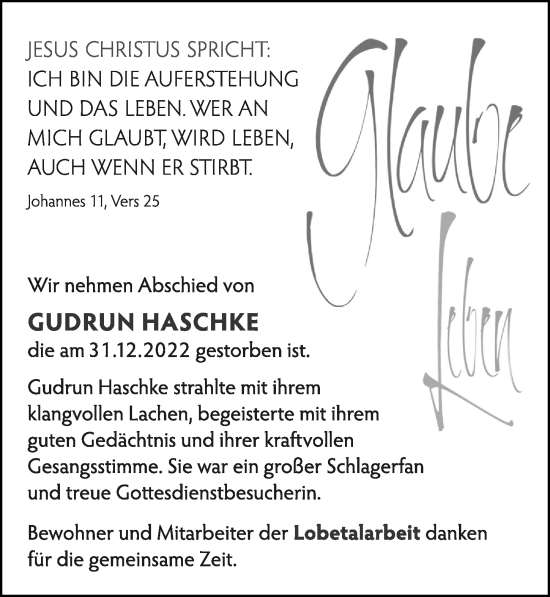 Traueranzeige von Gudrun Hschke von Cellesche Zeitung