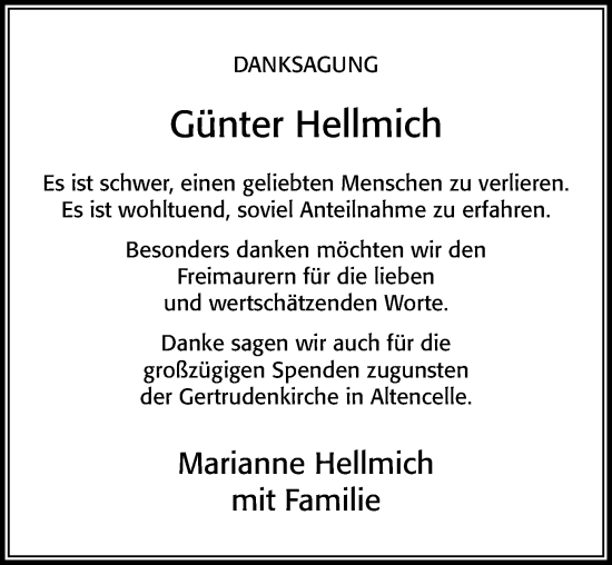 Traueranzeige von Günter Hellmich von Cellesche Zeitung