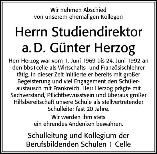 Traueranzeige von Günter Herzog von Cellesche Zeitung