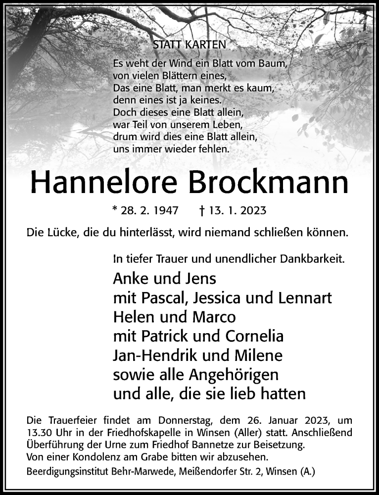  Traueranzeige für Hannelore Brockmann vom 21.01.2023 aus Cellesche Zeitung