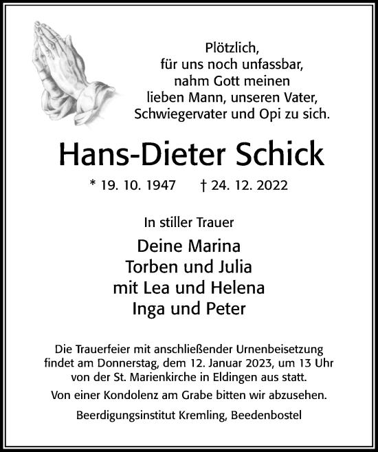 Traueranzeige von Hans-Dieter Schick von Cellesche Zeitung