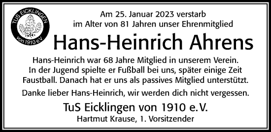 Traueranzeige von Hans-Heinrich Ahrens von Cellesche Zeitung