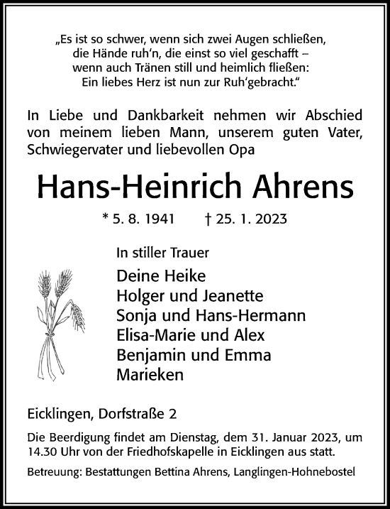Traueranzeige von Hans-Heinrich Ahrens von Cellesche Zeitung