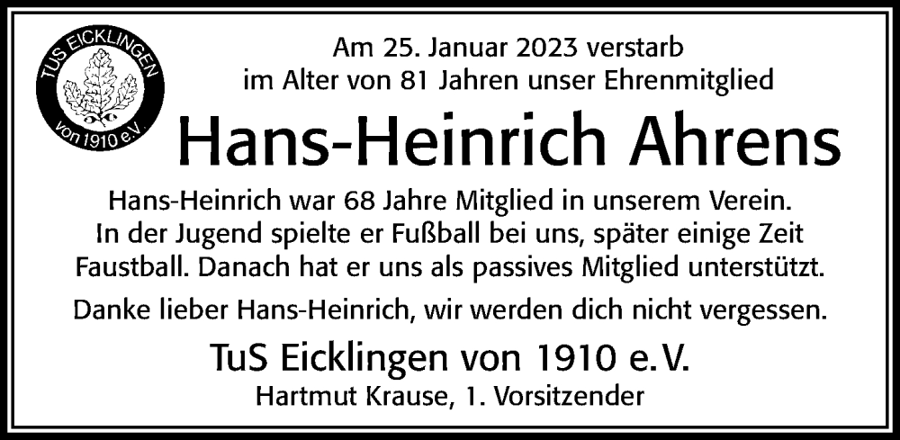  Traueranzeige für Hans-Heinrich Ahrens vom 31.01.2023 aus Cellesche Zeitung