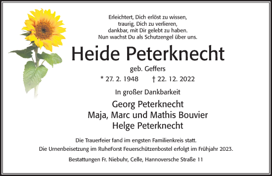 Traueranzeige von Heide Peterknecht von Cellesche Zeitung
