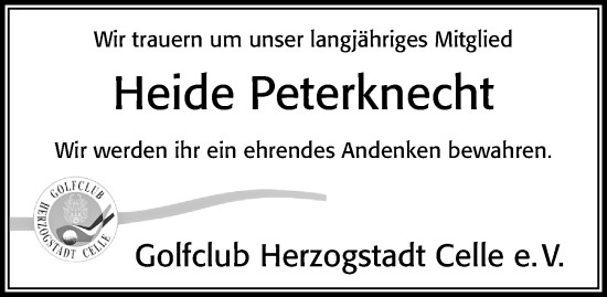 Traueranzeige von Heide Peterknecht von Cellesche Zeitung