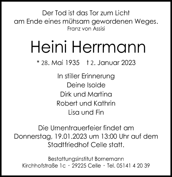 Traueranzeige von Heini Herrmann von Cellesche Zeitung