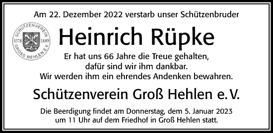 Traueranzeige von Heinrich Rüpke von Cellesche Zeitung