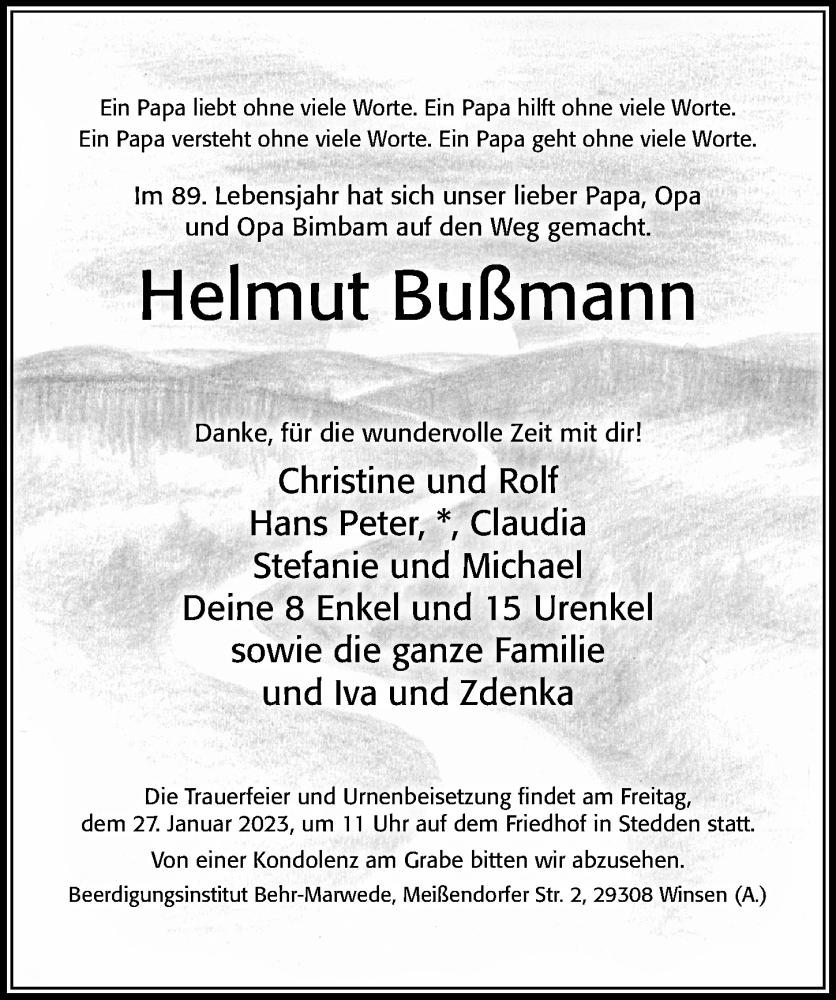  Traueranzeige für Helmut Bußmann vom 21.01.2023 aus Cellesche Zeitung