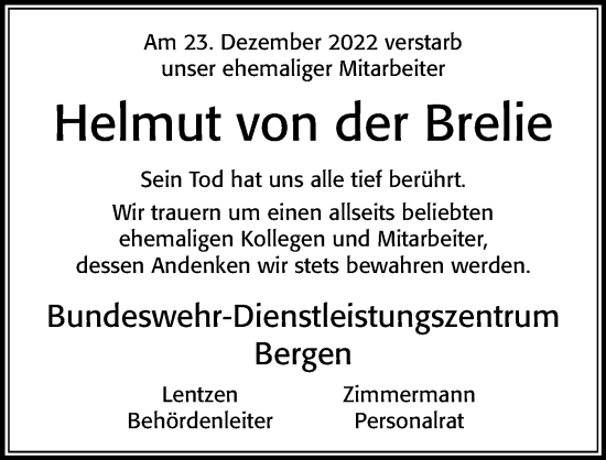 Traueranzeige von Helmut von der Brelie von Cellesche Zeitung