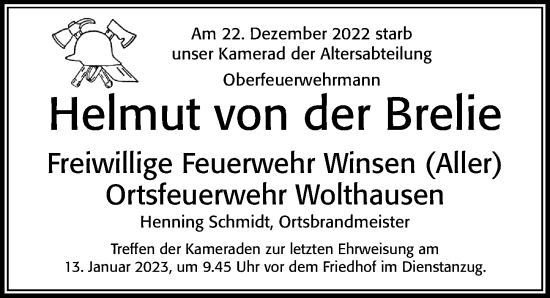 Traueranzeige von Helmut von der Brelie von Cellesche Zeitung